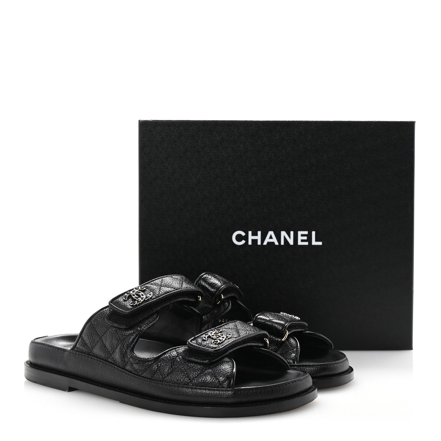 Chanel Grained Calfskin Quilted Velcro Dad Chain CC Slide Sandals 40 Black 10 of 10