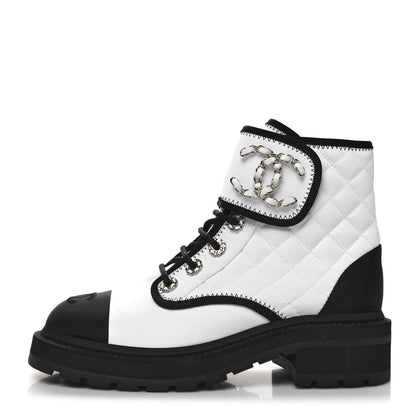 Chanel Fabric Grosgrain Quilted Cap Toe Lace Up Combat Boots 36.5 White Black 1 of 8