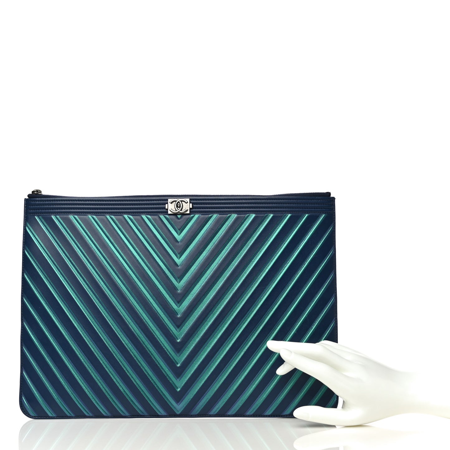 Calfskin Painted Chevron Embossed Large Boy Zip Pouch Green Navy
