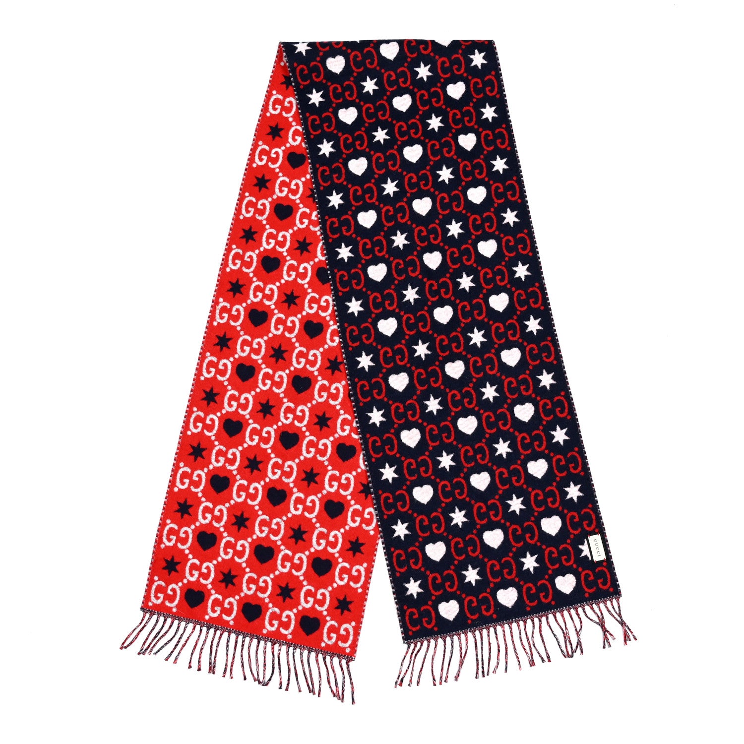 Gucci Wool Jacquard GG Monogram Hearts Scarf Red Blue 2 of 4