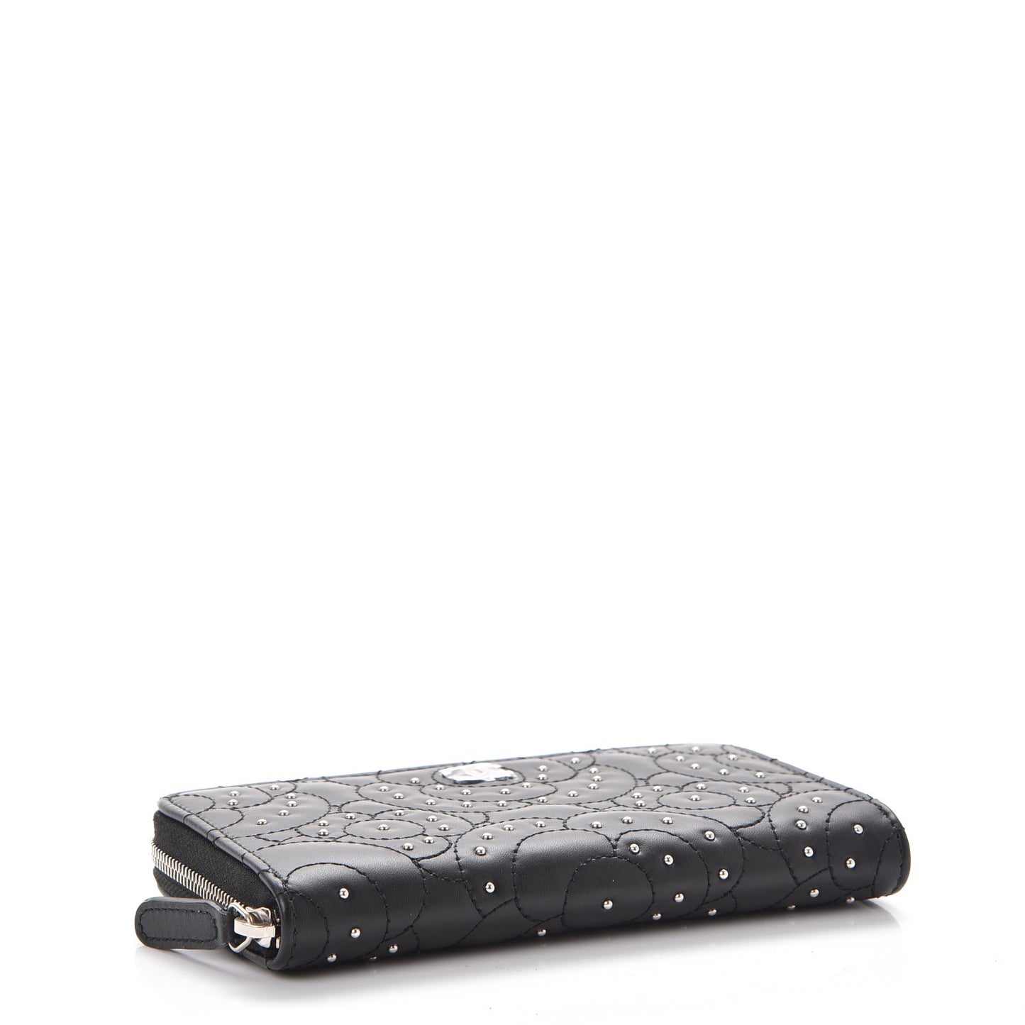 Lambskin Camellia Studded Zip Around Wallet Black