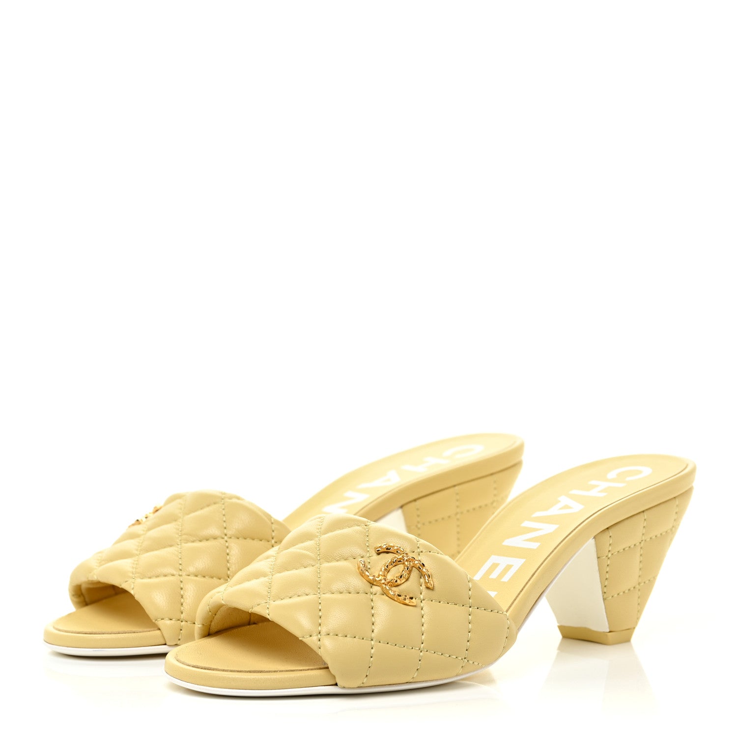 Chanel Lambskin Quilted Textured CC Mules 36 Yellow 3 of 13