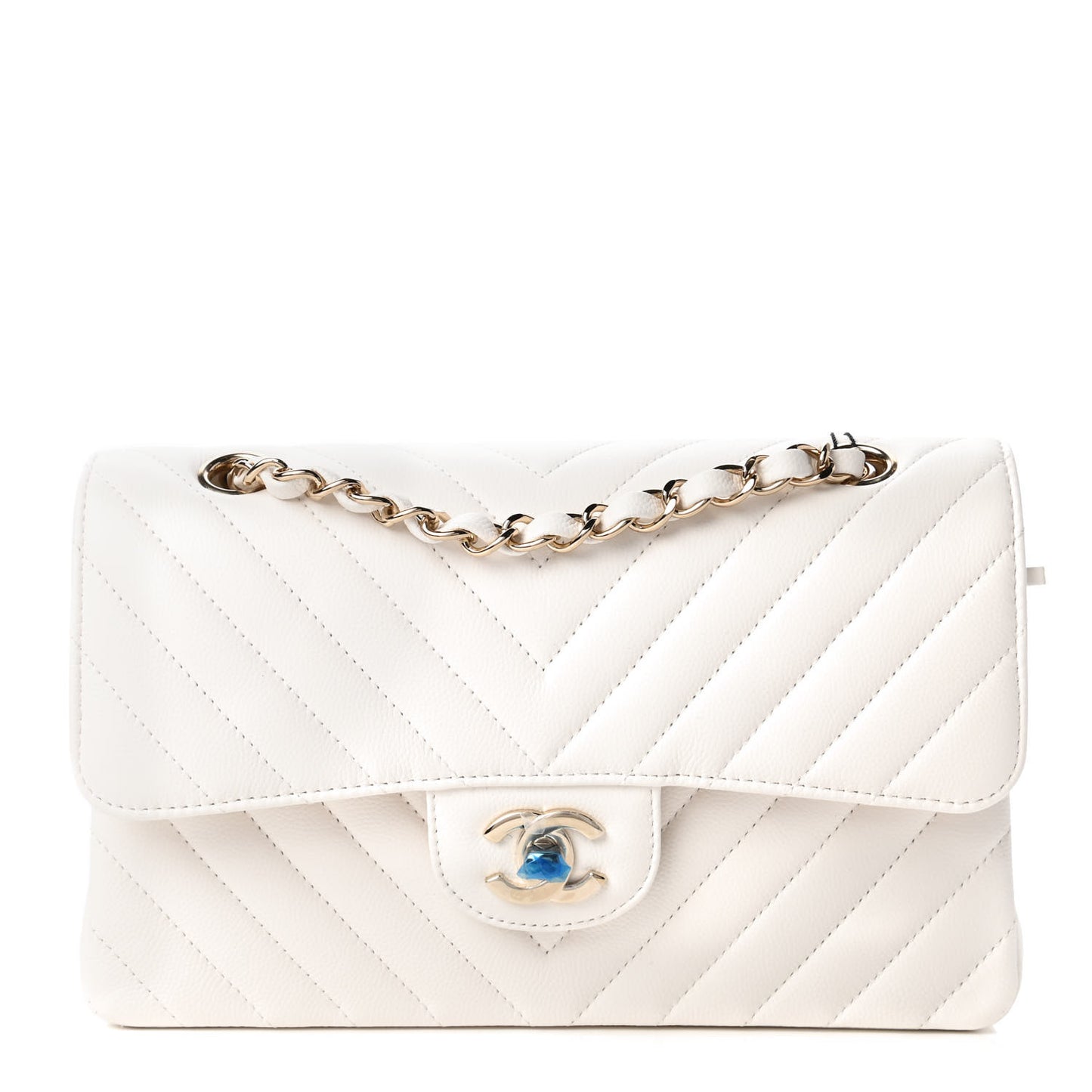 Caviar Chevron Quilted Small Double Flap White