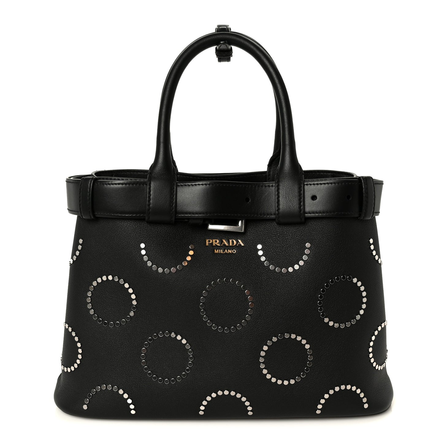 Soft Grain Calfskin Studded Large Buckle Bag With Belt Black