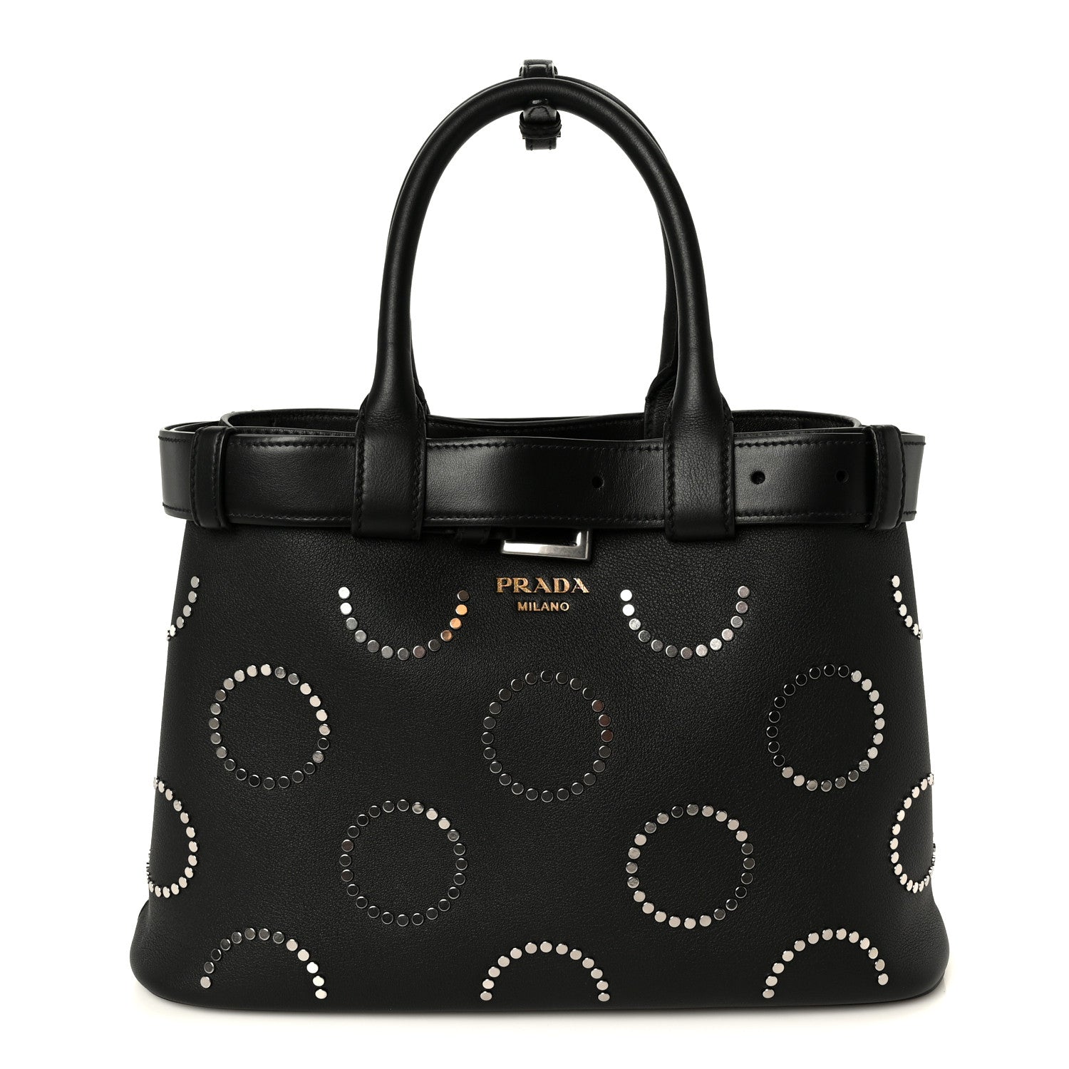 Prada Soft Grain Calfskin Studded Large Buckle Bag With Belt Black 1 of 10