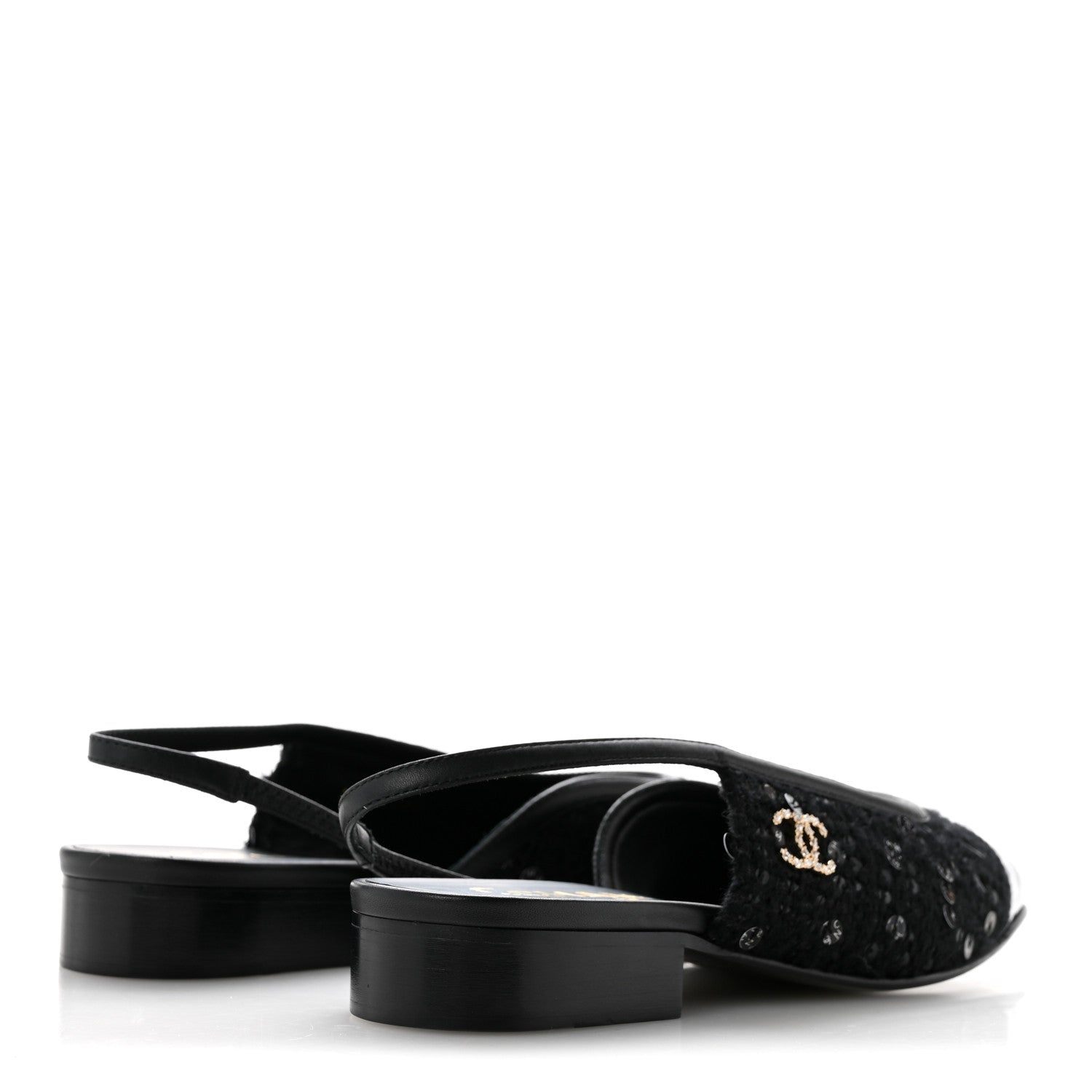 Chanel Tweed Patent Calfskin Cap Toe CC Slingback Flats 36 Black 5 of 9