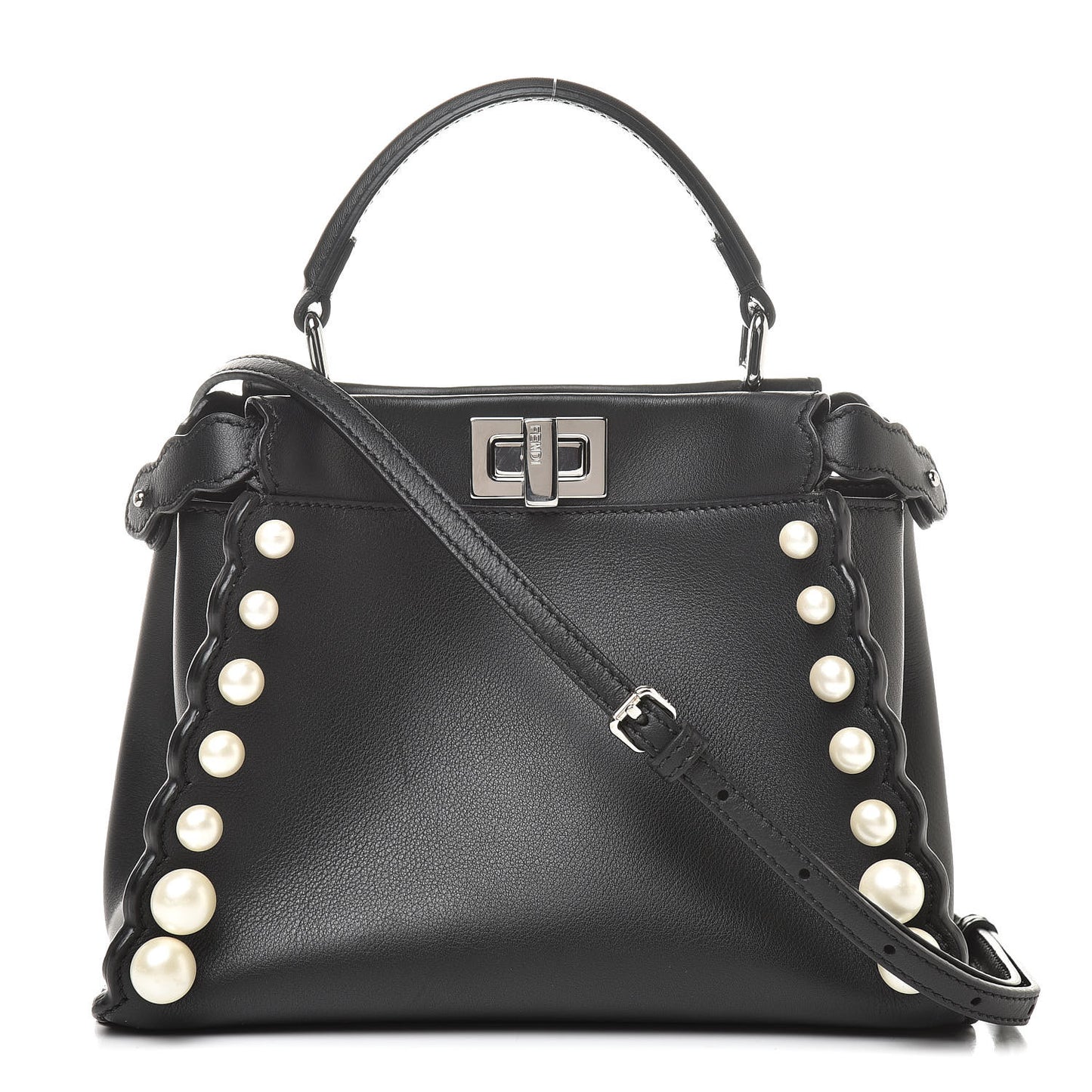 Vitello Seta Shiny Nappa Pearl Scallopped Studded Mini Peekaboo Iconic Satchel Black