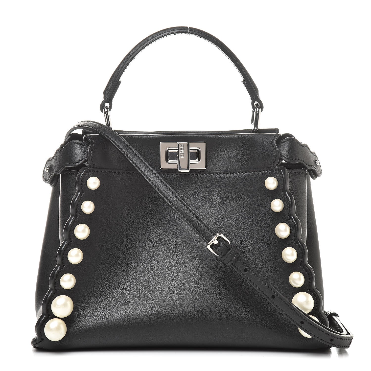 Fendi Vitello Seta Shiny Nappa Pearl Scallopped Studded Mini Peekaboo Iconic Satchel Black 1 of 13