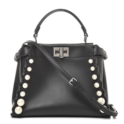 Fendi Vitello Seta Shiny Nappa Pearl Scallopped Studded Mini Peekaboo Iconic Satchel Black 1 of 13