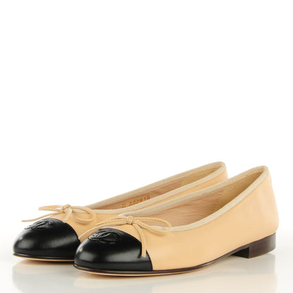 Chanel Lambskin Cap Toe CC Ballerina Flats 36.5 Beige Black 3 of 9