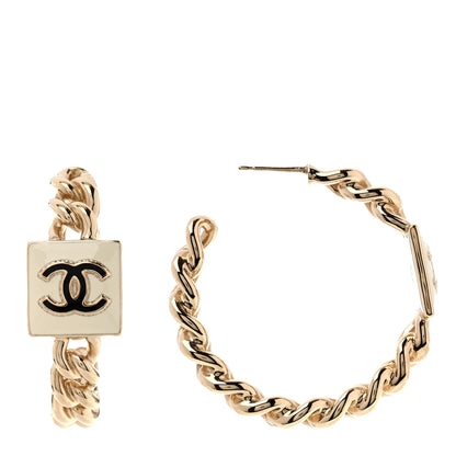 Chanel Metal Enamel CC Chain Hoop Earrings Gold Black White Gold Black 1 of 5