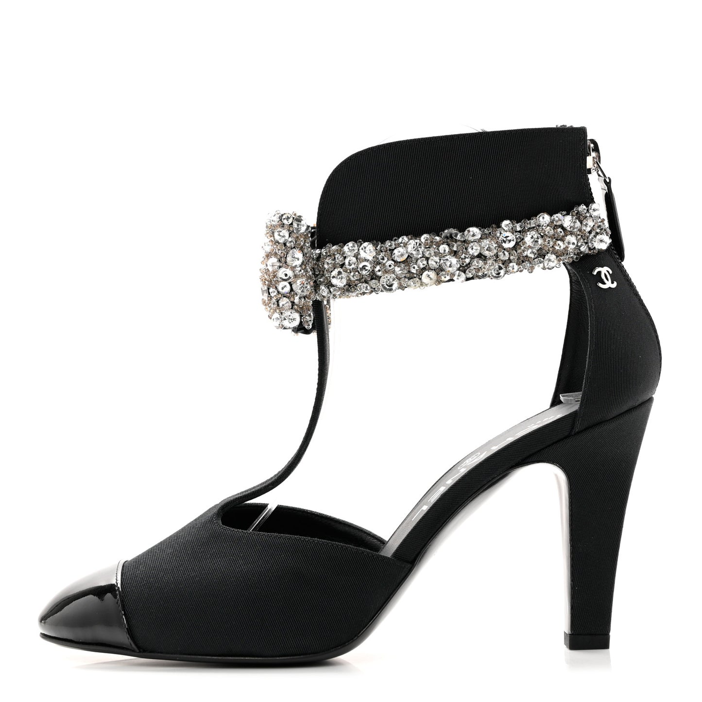 Grosgrain Patent Cap Toe Bow Crystal Pumps 37 Black