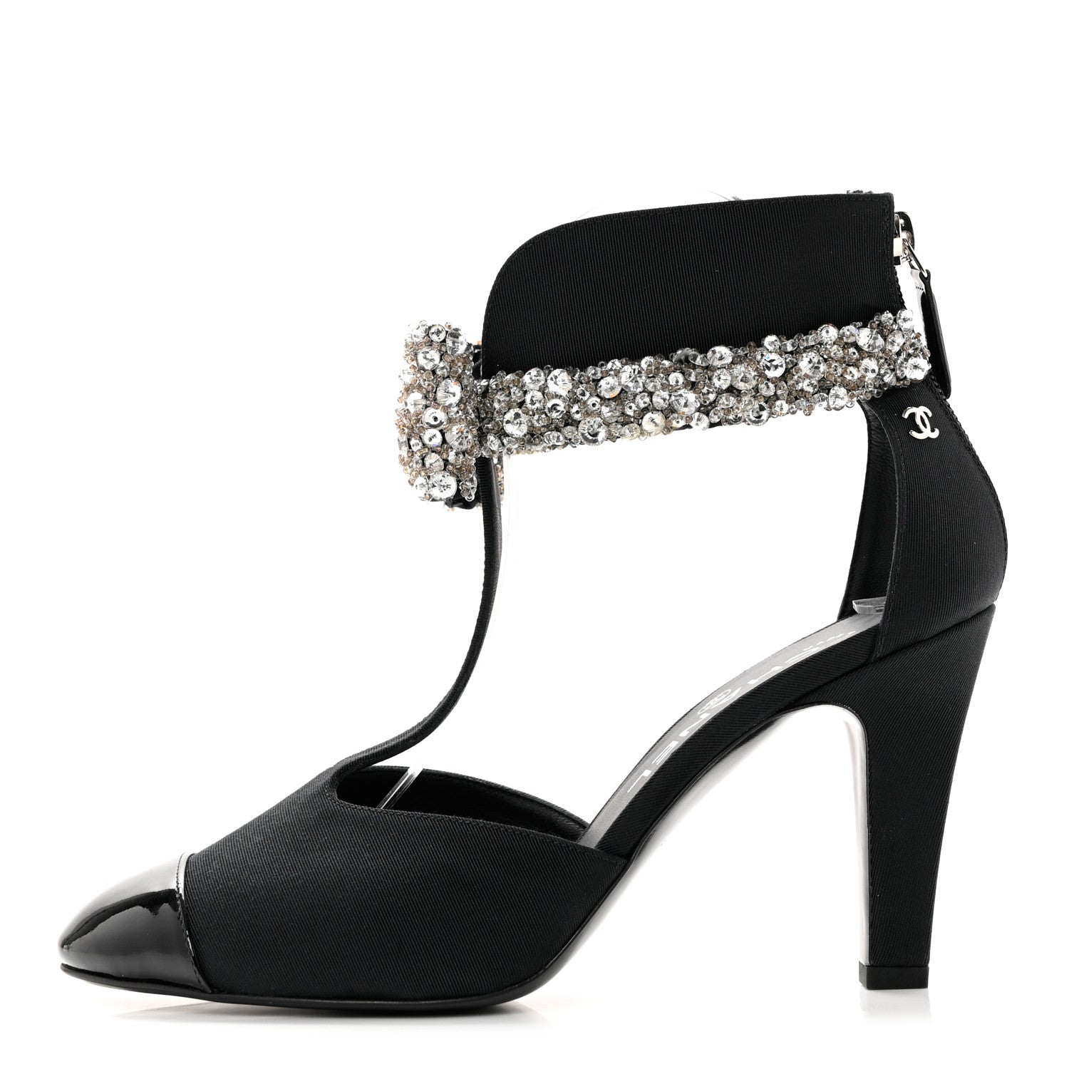 Chanel Grosgrain Patent Cap Toe Bow Crystal Pumps 37 Black 1 of 8