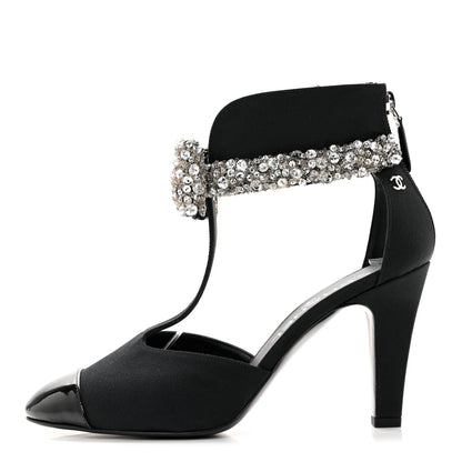 Chanel Grosgrain Patent Cap Toe Bow Crystal Pumps 37 Black 1 of 8