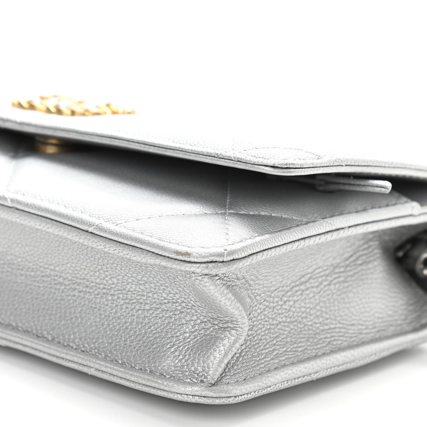 Metallic Lambskin Quilted Chanel 19 Wallet On Chain WOC Silver