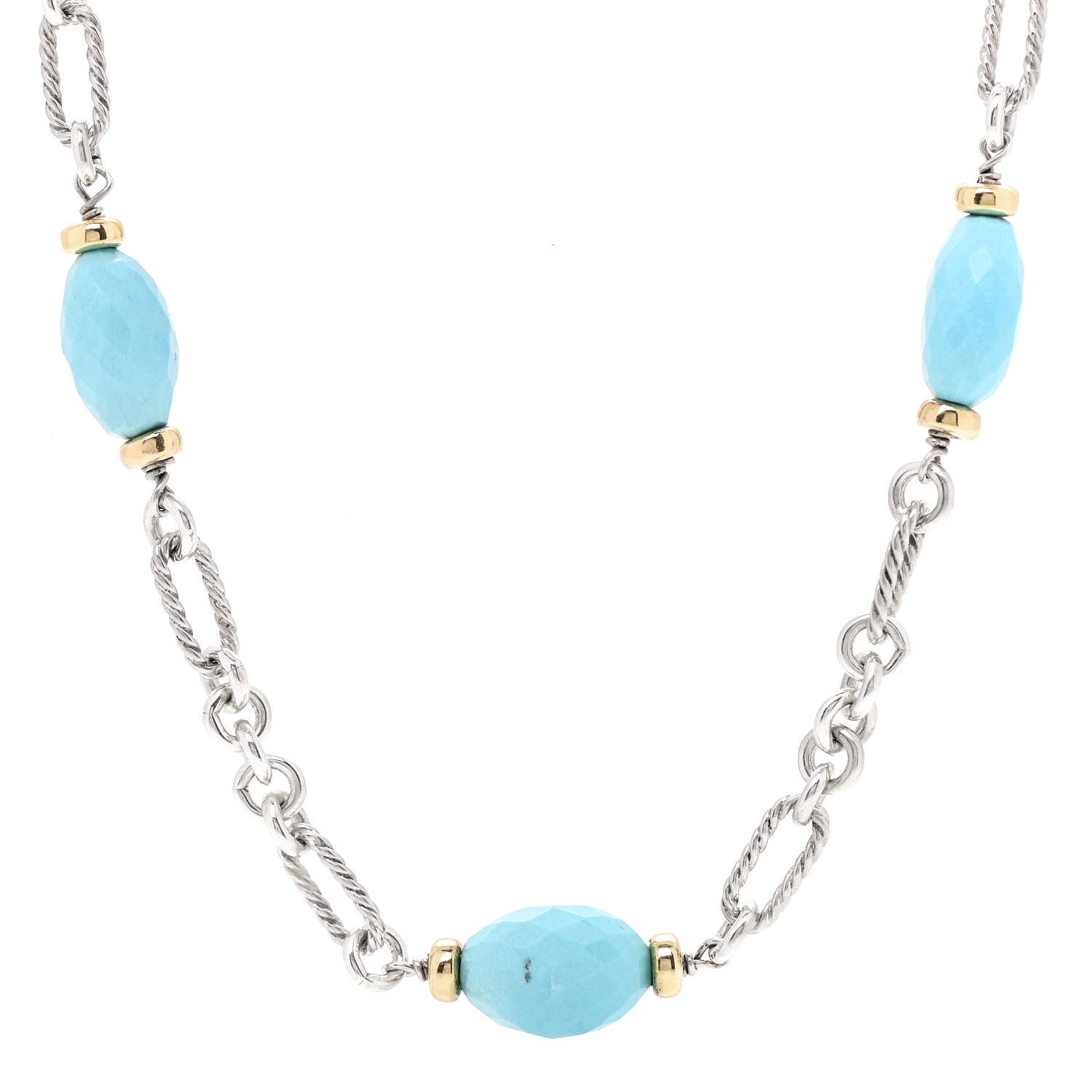 David Yurman Sterling Silver 18K Yellow Gold Turquoise Figaro Necklace 1 of 3