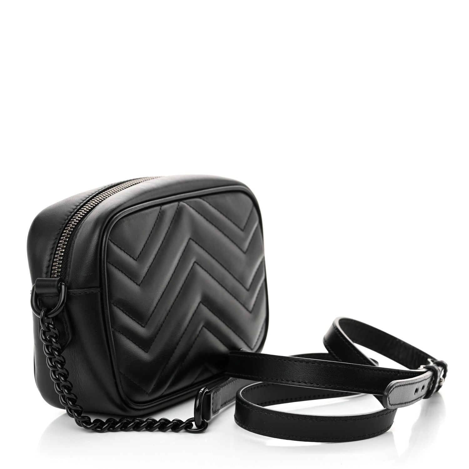 Gucci Calfskin Matelasse Monochrome Mini GG Marmont Chain Shoulder Bag Black 3 of 12