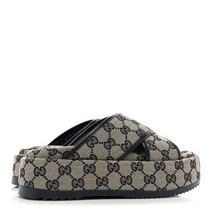 Gucci Monogram Criss Cross Platform Slide Sandals 36 Beige Blue 4 of 9
