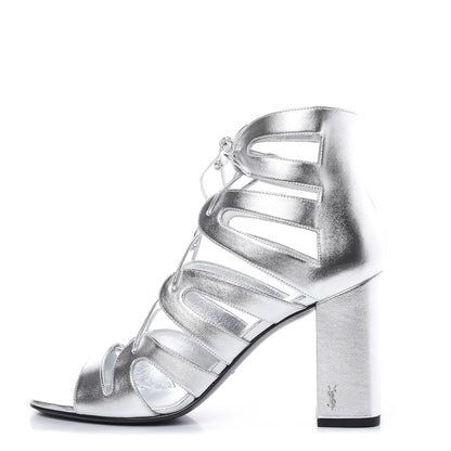 Saint Laurent Metallic Nappa Silk Babes 90 Lace Up Sandals 39 Argento 1 of 8