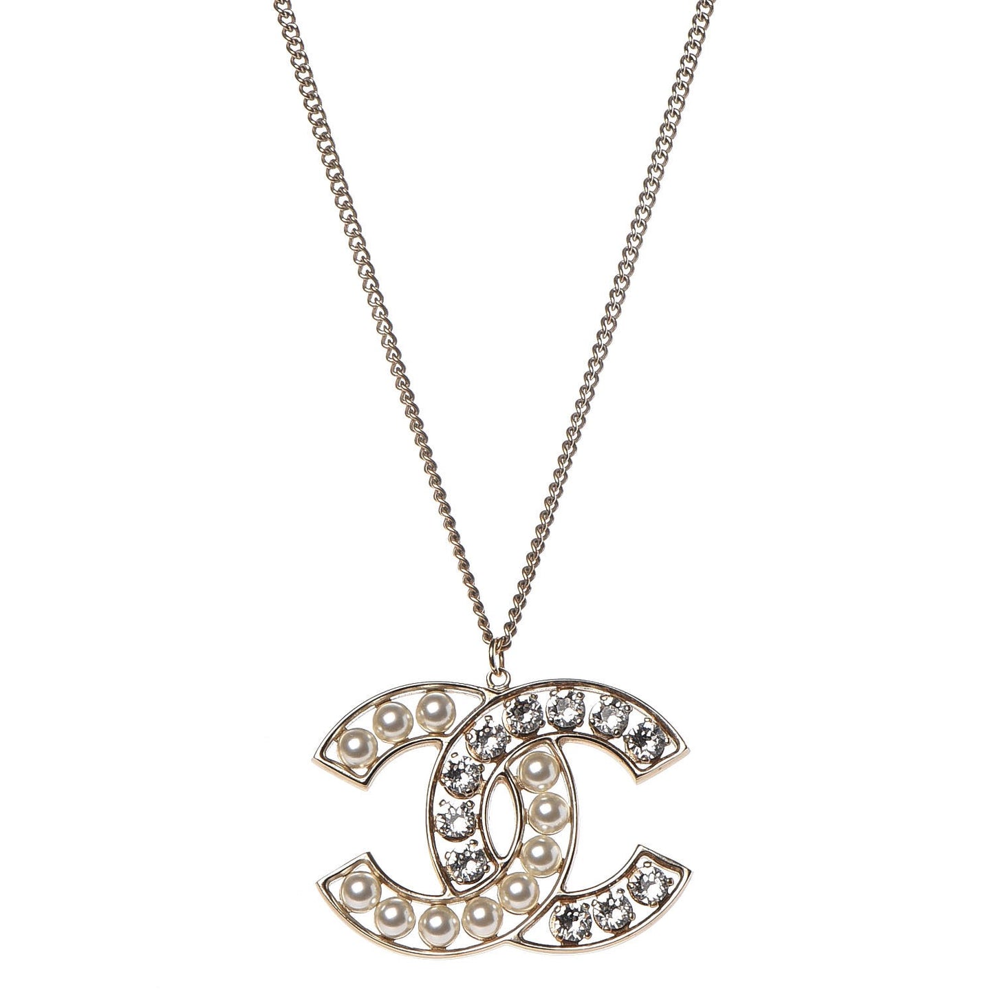 Crystal Pearl CC Pendant Necklace Gold