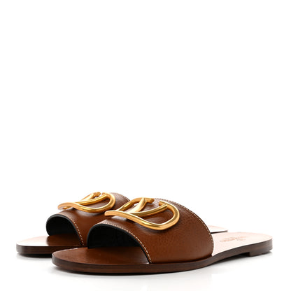 Valentino Garavani Grainy Cowhide Vlogo Flat Slide Sandals 39.5 Cuoio 3 of 8