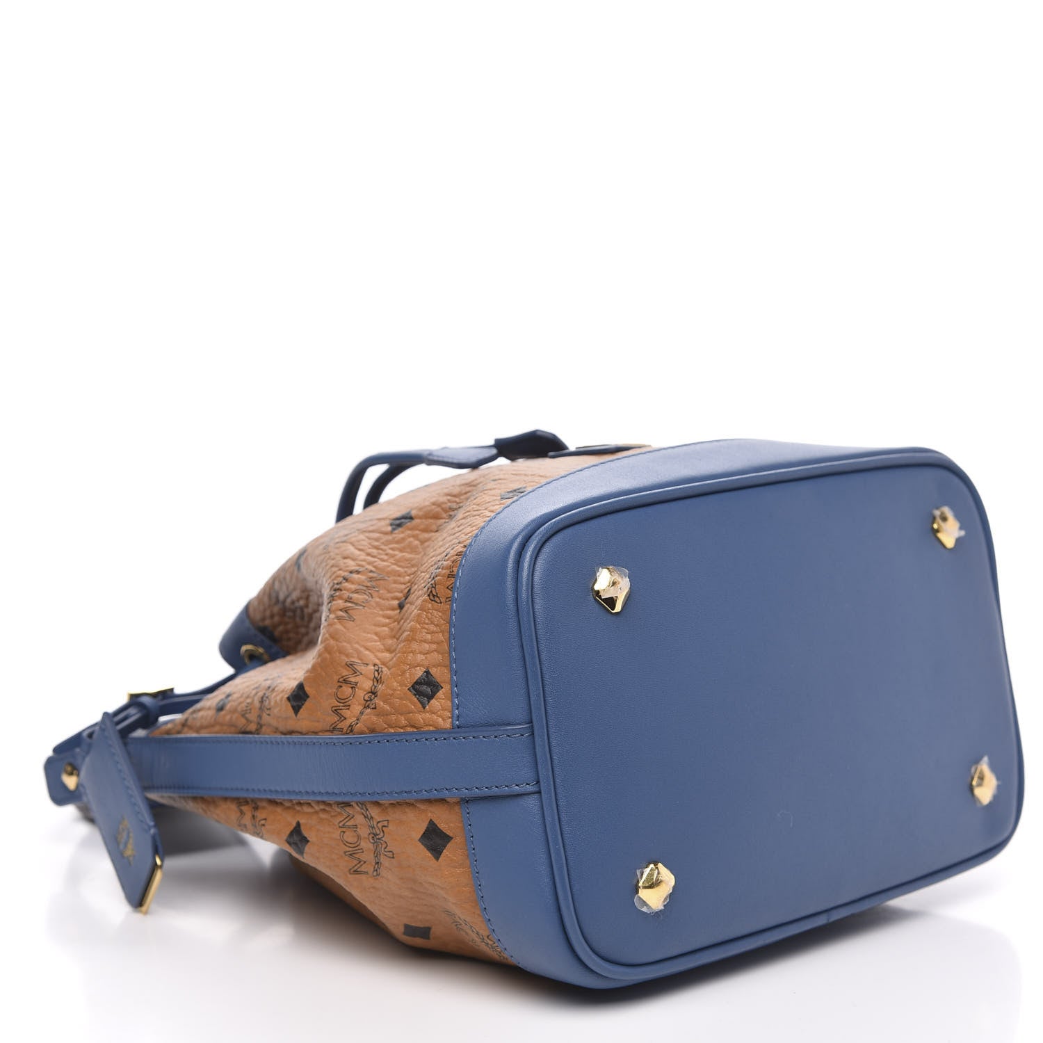 MCM Visetos Small Heritage Drawstring Bucket Bag Cognac Blue 4 of 9