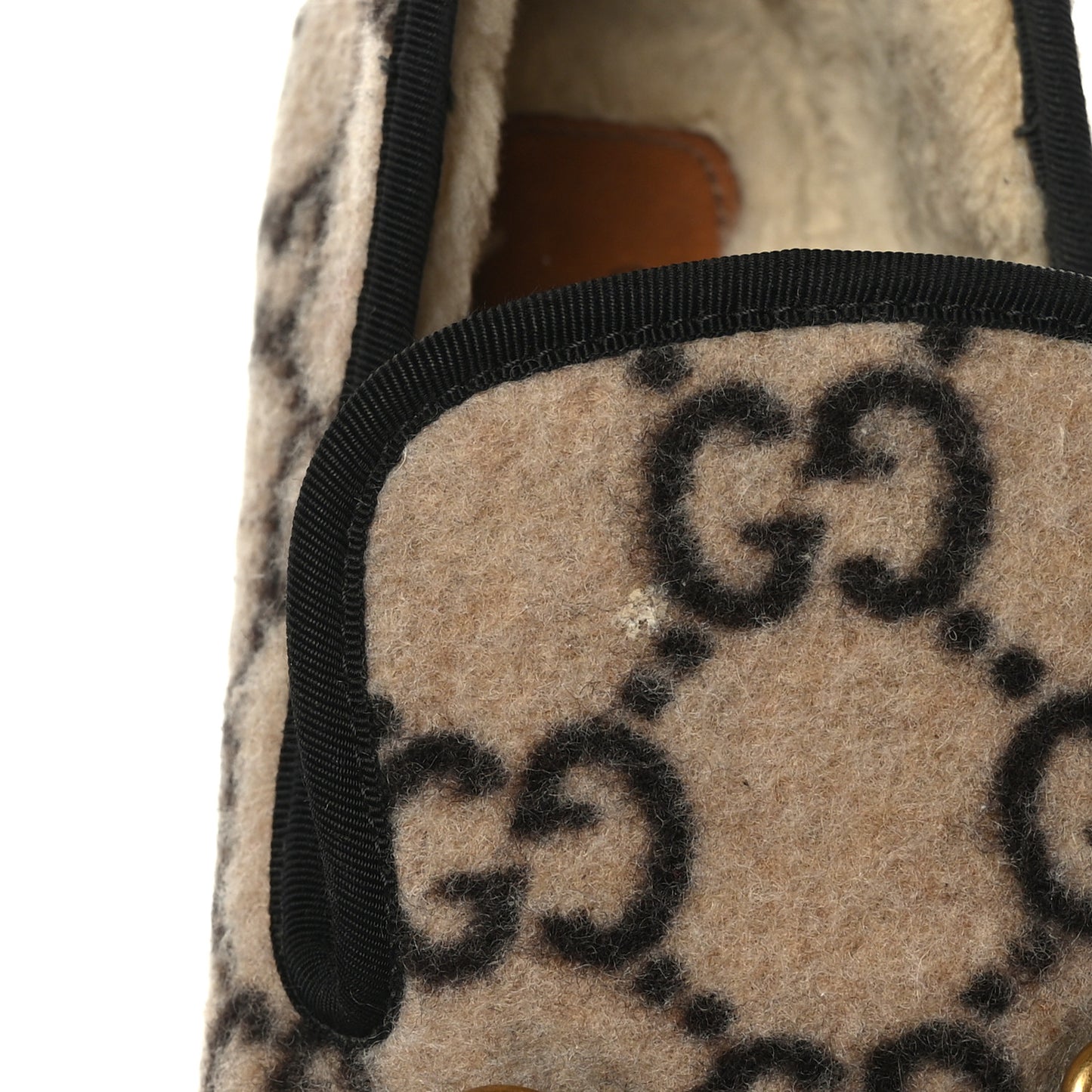 Covered Wool GG Monogram Womens Fria Horsebit Loafers 37.5 Beige Ebony Black Butterscotch