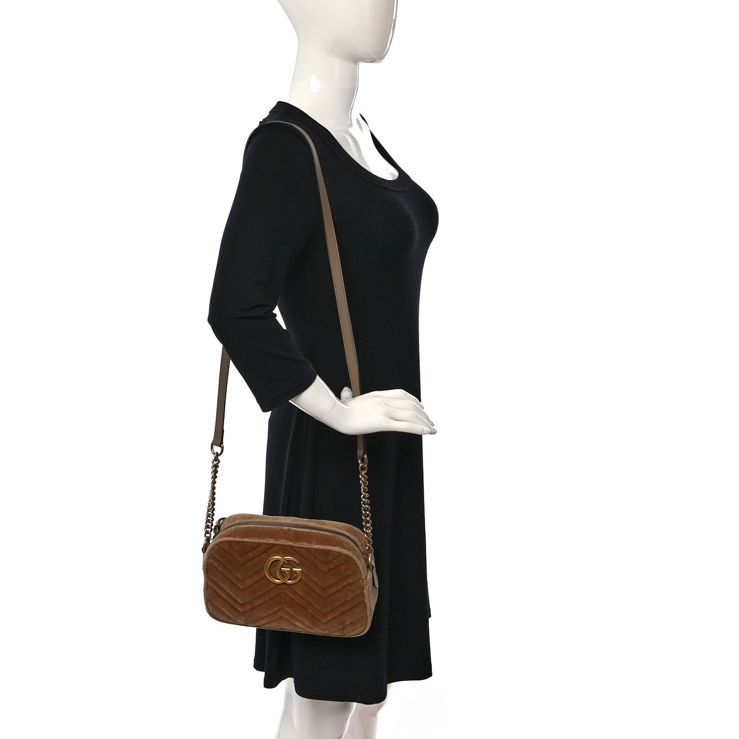 Gucci Velvet Matelasse Small GG Marmont Chain Shoulder Bag Taupe 2 of 9