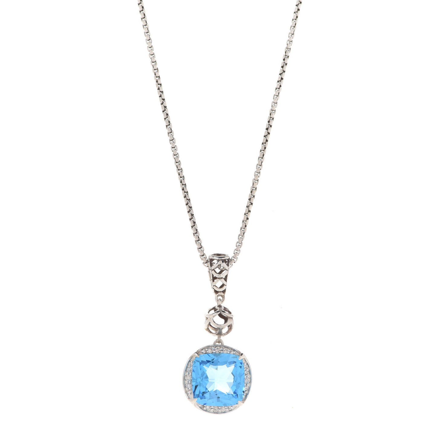 Sterling Silver Blue Diamond Topaz Batu Naga Cushion Pendant Necklace