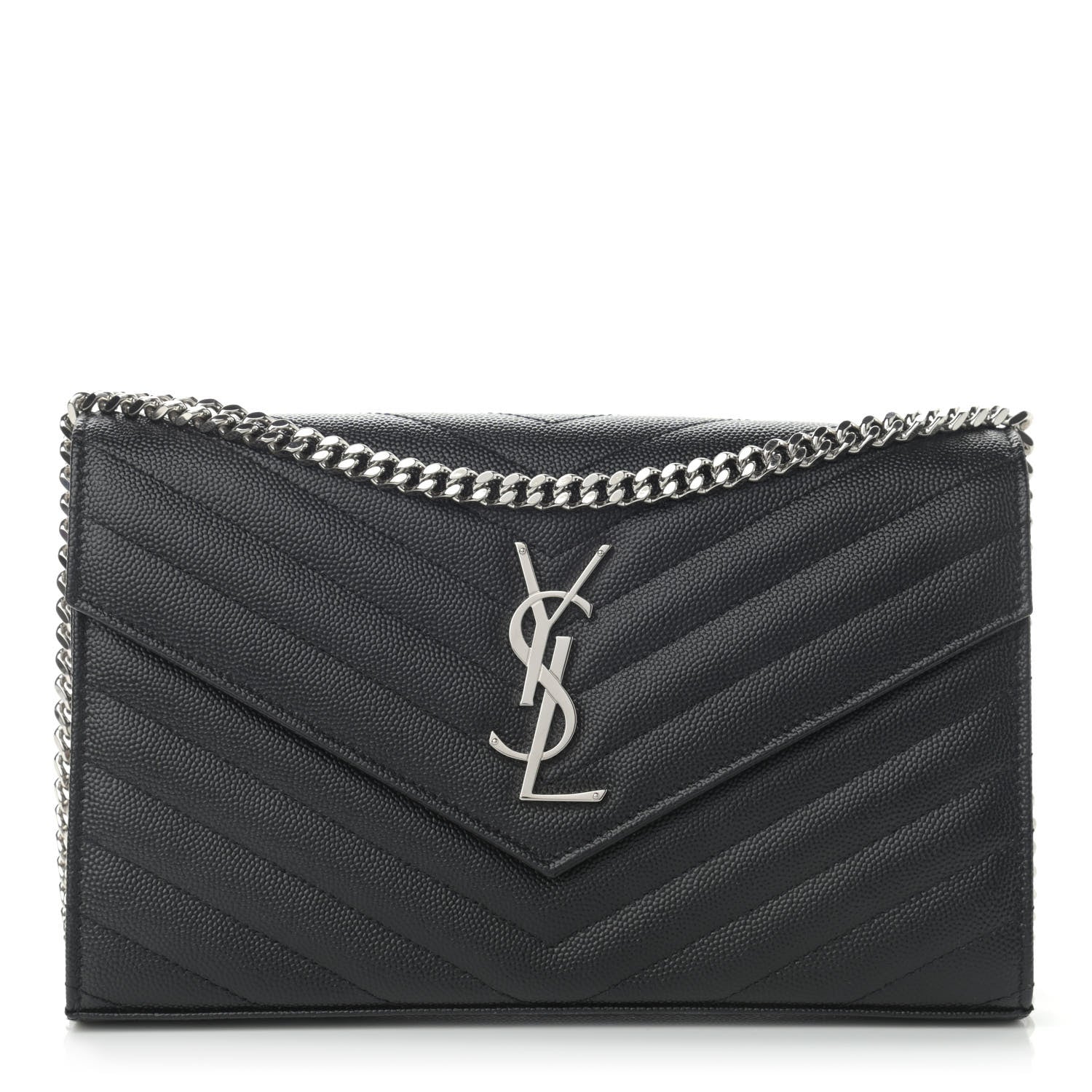 Saint Laurent Grain De Poudre Matelasse Chevron Monogram Chain Wallet Black 1 of 11