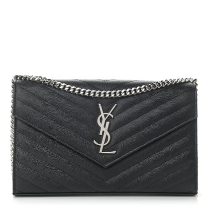 Saint Laurent Grain De Poudre Matelasse Chevron Monogram Chain Wallet Black 1 of 11