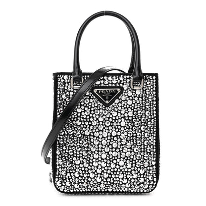 Prada Satin Crystal Metal Triangle Logo Small Double Handle Crossbody Tote Metal 1 of 11