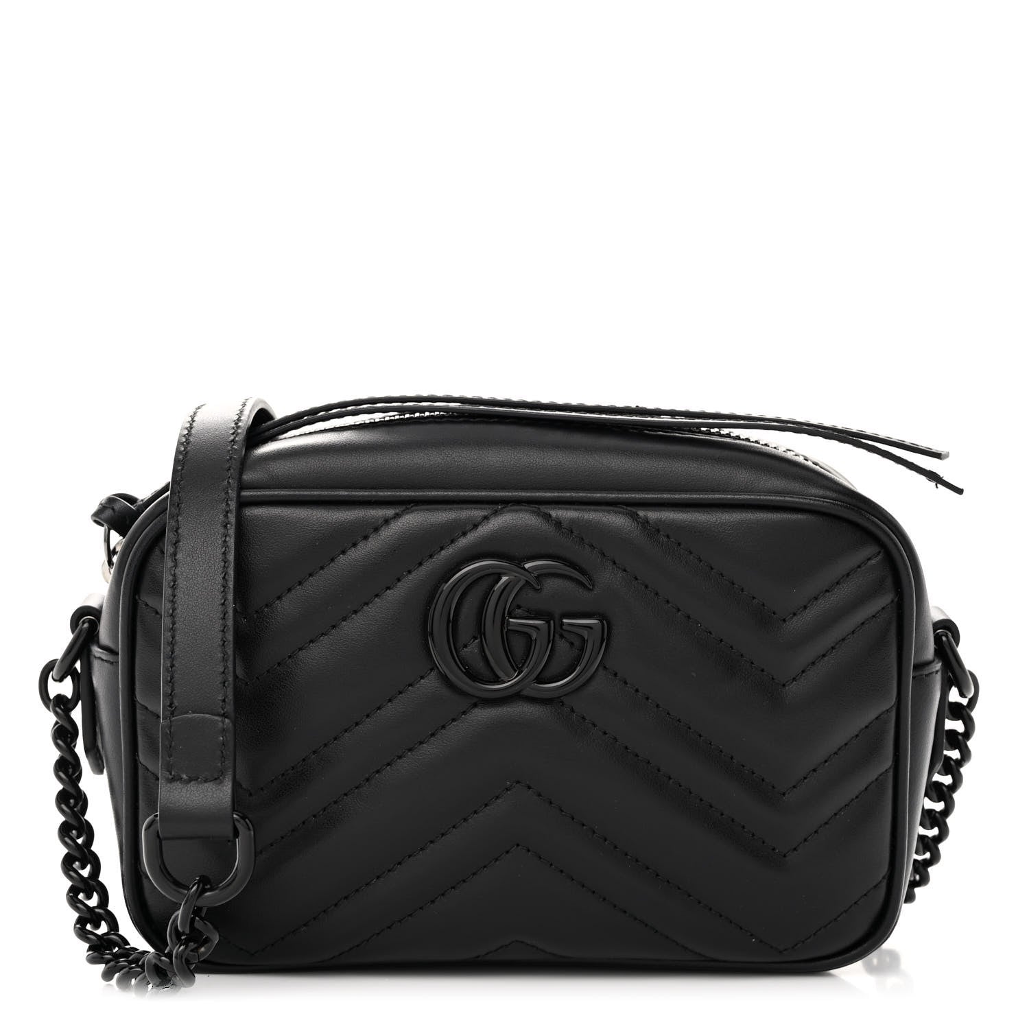 Gucci Calfskin Matelasse Monochrome Mini GG Marmont Chain Shoulder Bag Black 1 of 9