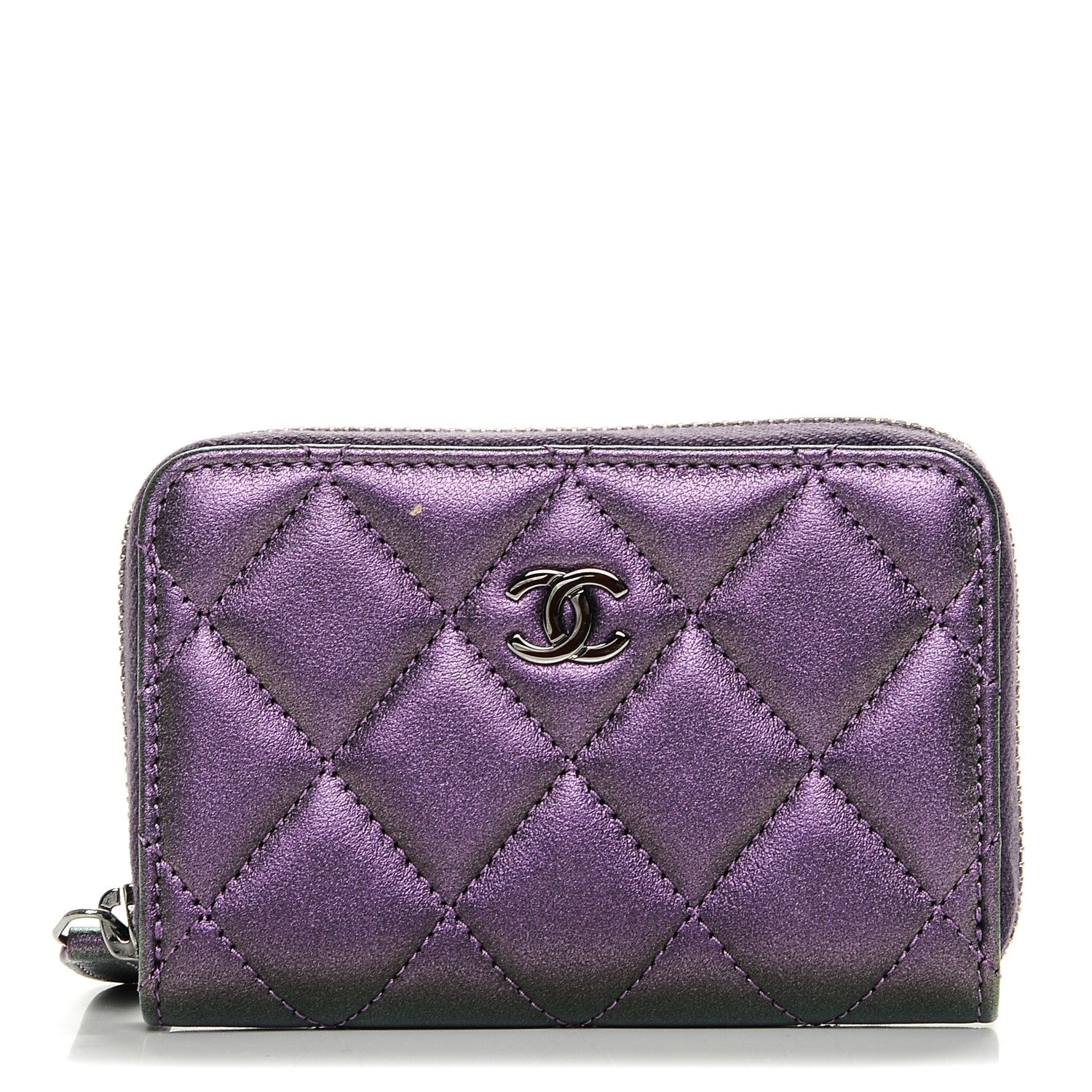 Chanel Metallic Lambskin Quilted Zip Around Coin Purse Wallet Dark Purple 1 of 7