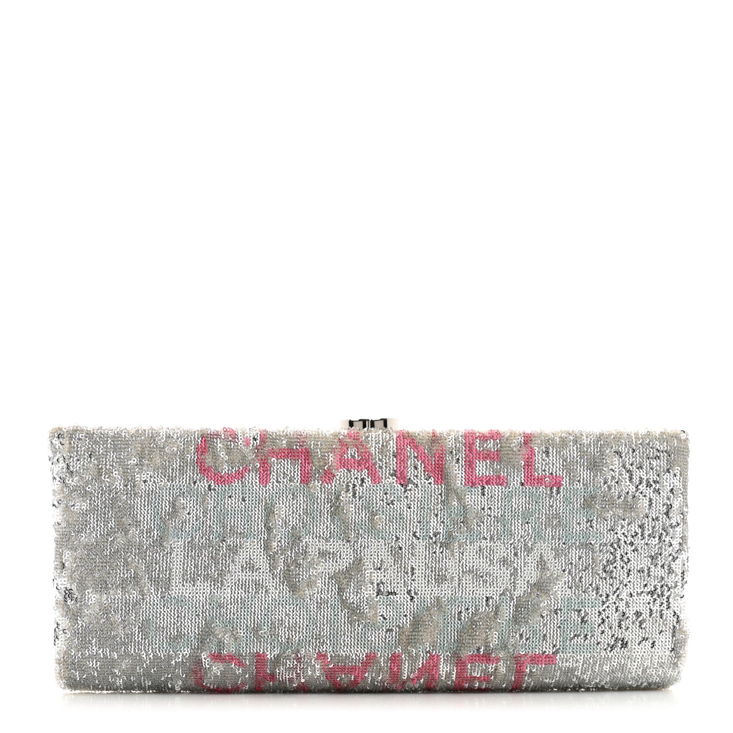 Chanel Sequin Satin Embroidered La Pausa Evening Clutch Silver Blue Pink 1 of 11