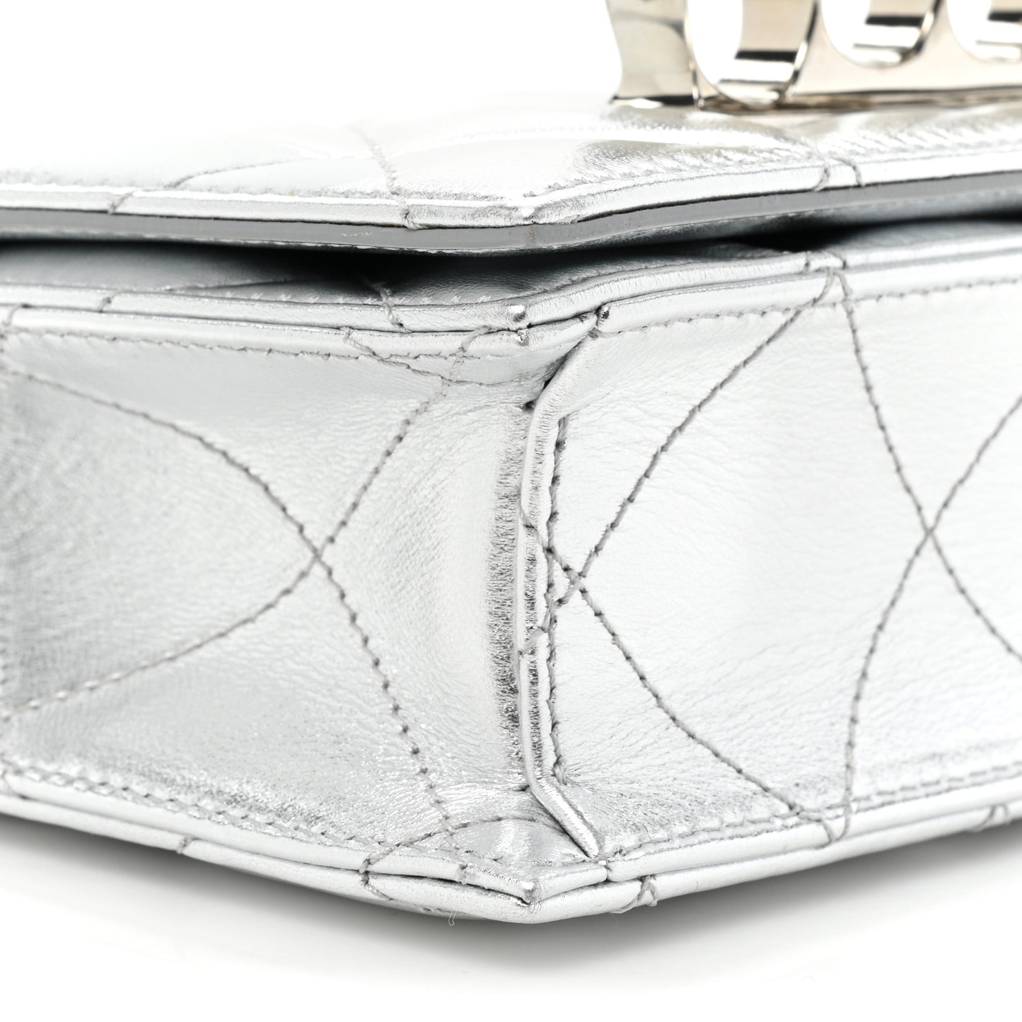 Metallic Lambskin Quilted Knuckle Shoulder Bag Silver