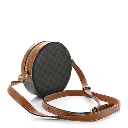 Celine Triomphe Canvas Embroidered Logo Round Purse On Strap Black Tan 3 of 10