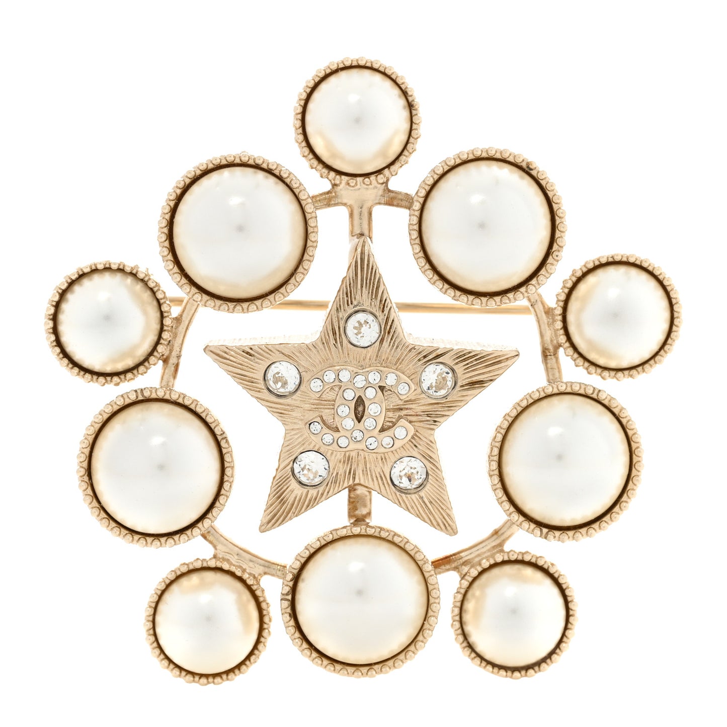 Pearl Crystal CC Star Brooch Gold