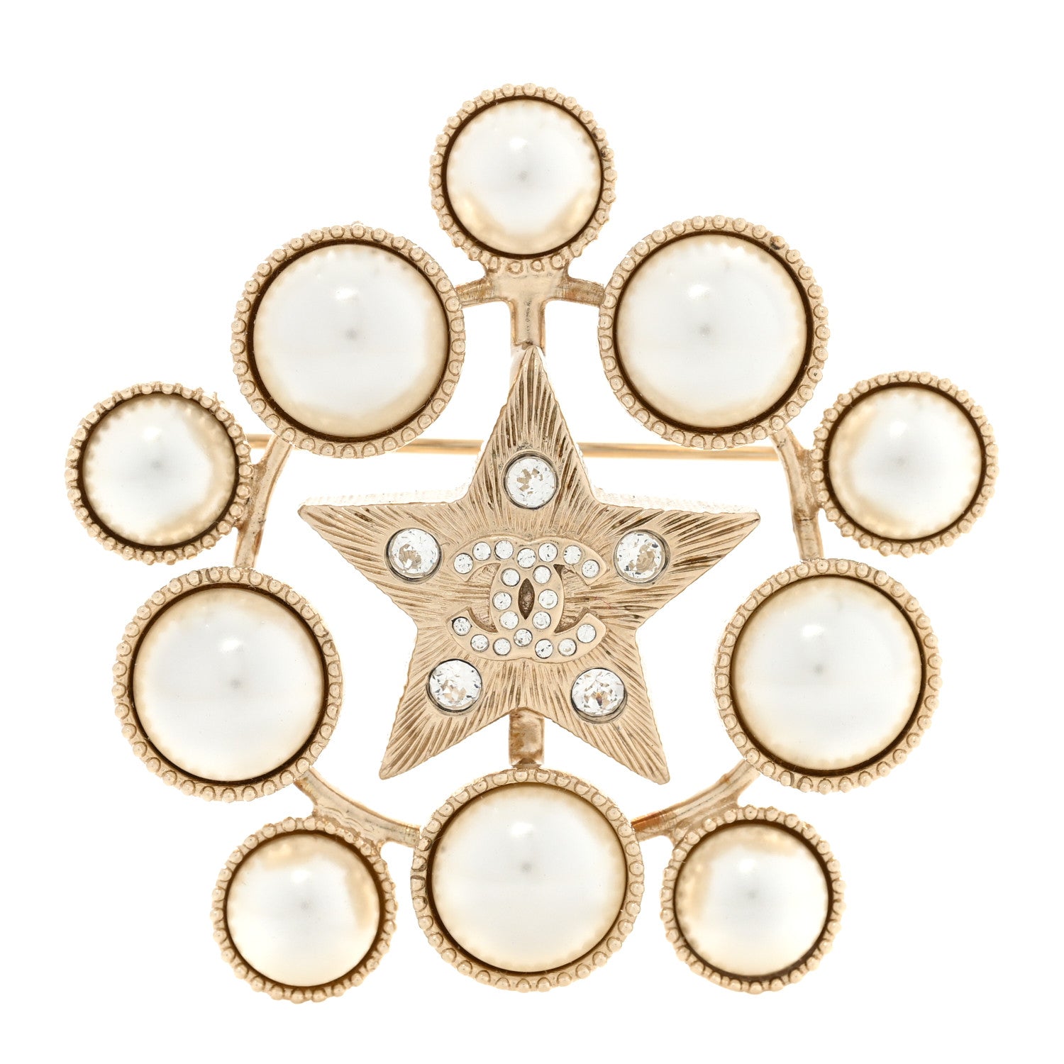 Chanel Pearl Crystal CC Star Brooch Gold 1 of 4
