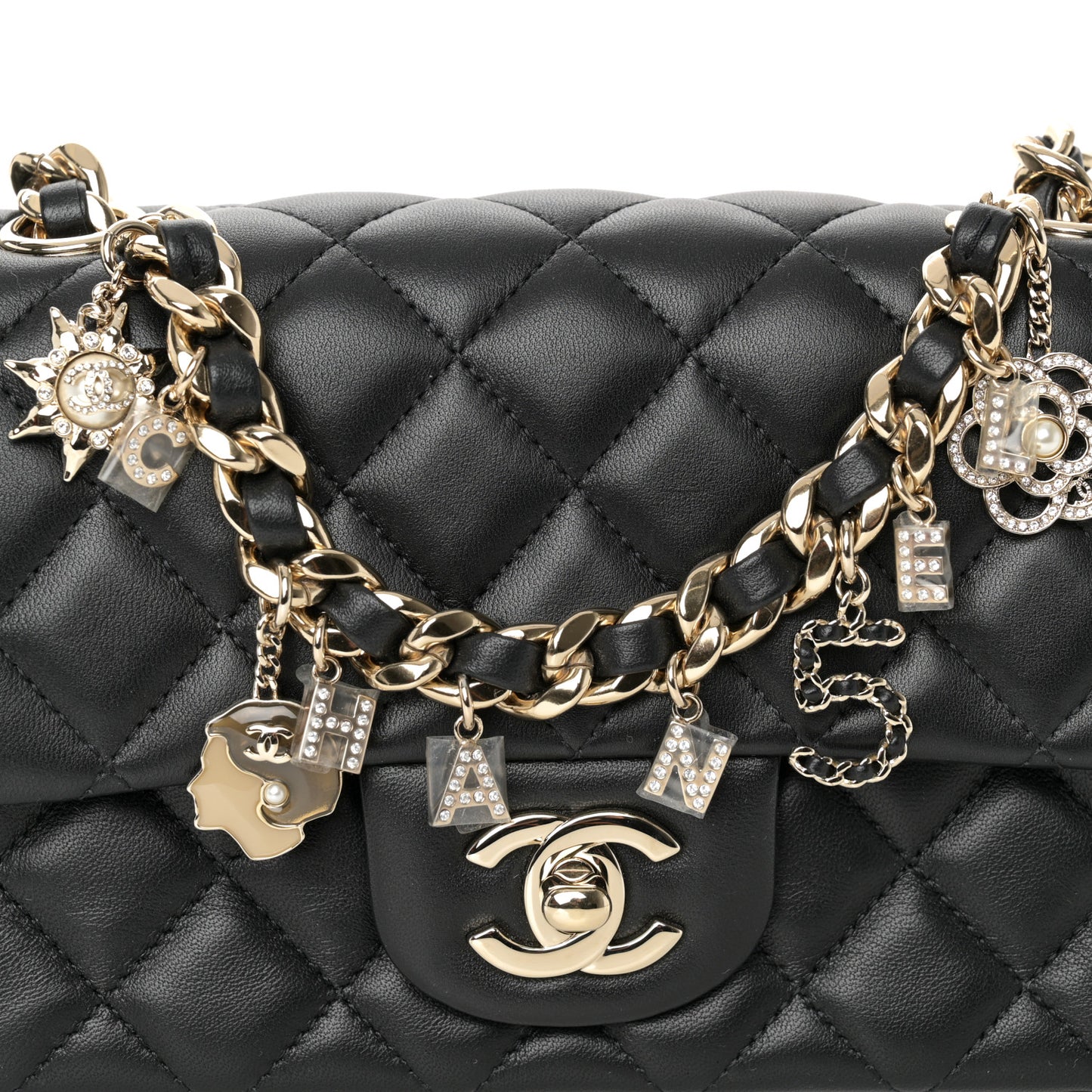 Lambskin Quilted Mini Coco Charms Rectangular Flap Black
