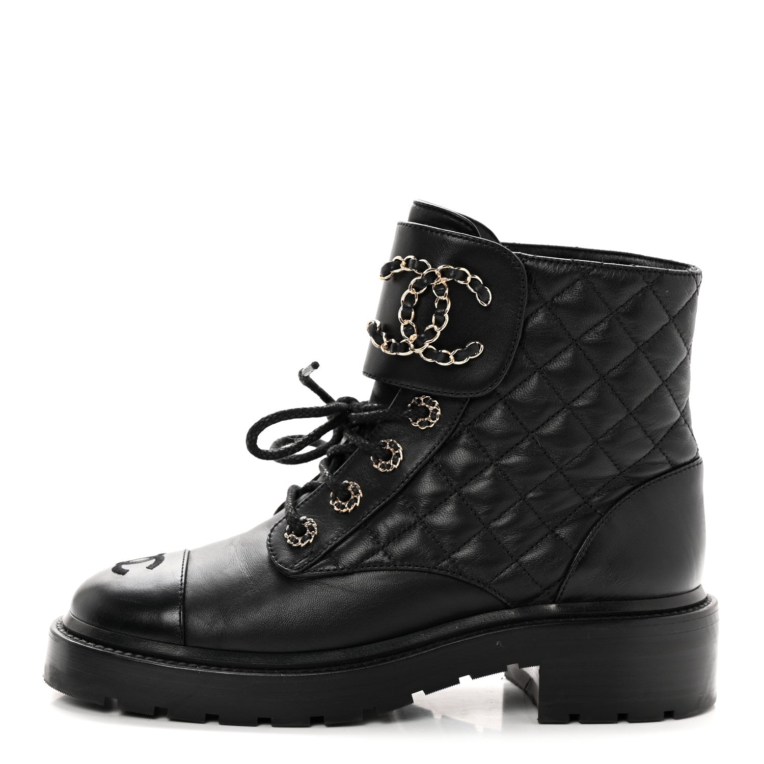 Chanel Shiny Lambskin Quilted Lace Up Combat Boots 37 Black 1 of 12