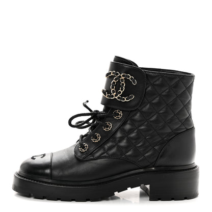 Chanel Shiny Lambskin Quilted Lace Up Combat Boots 37 Black 1 of 12