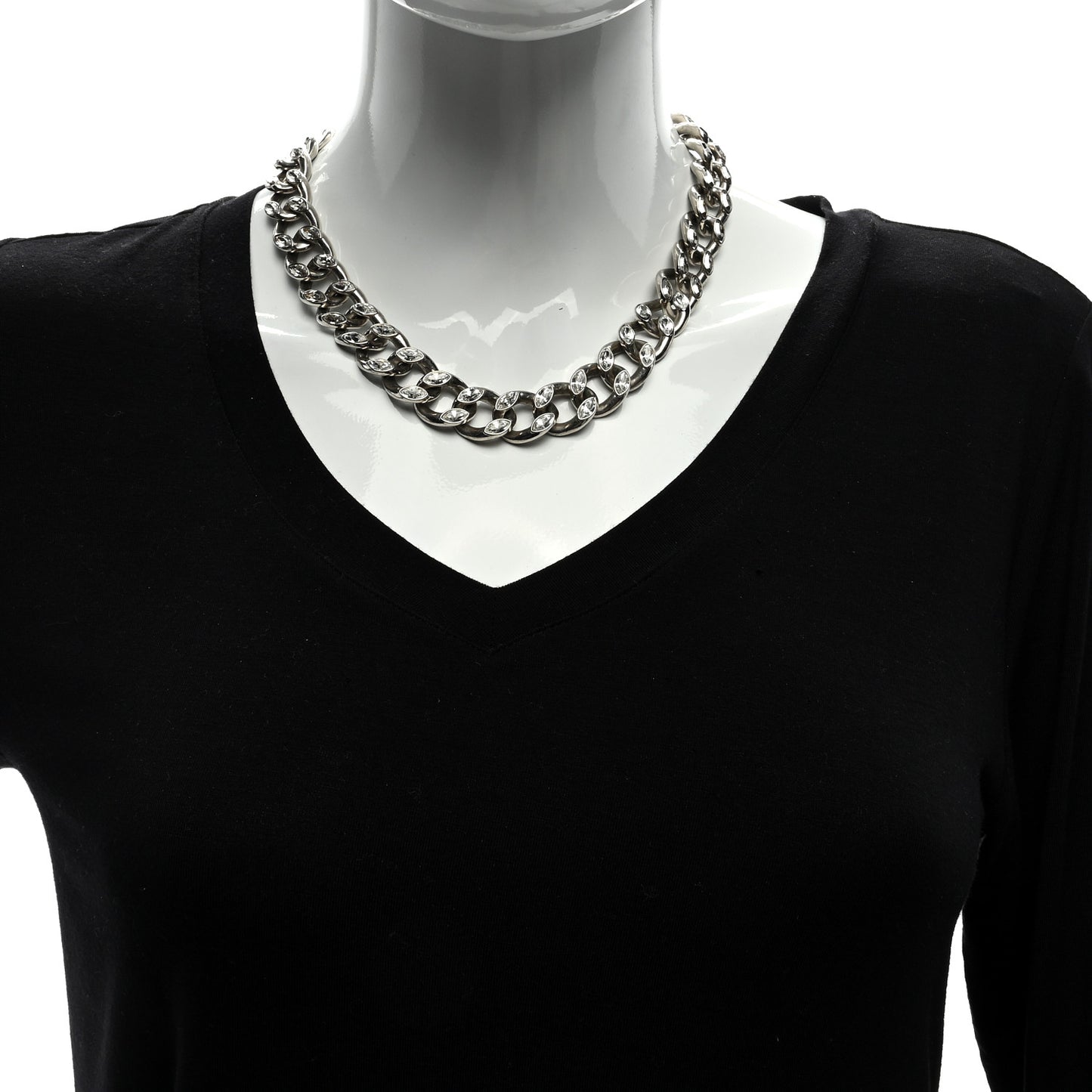 Metal Crystal CD Chain Link Necklace Silver