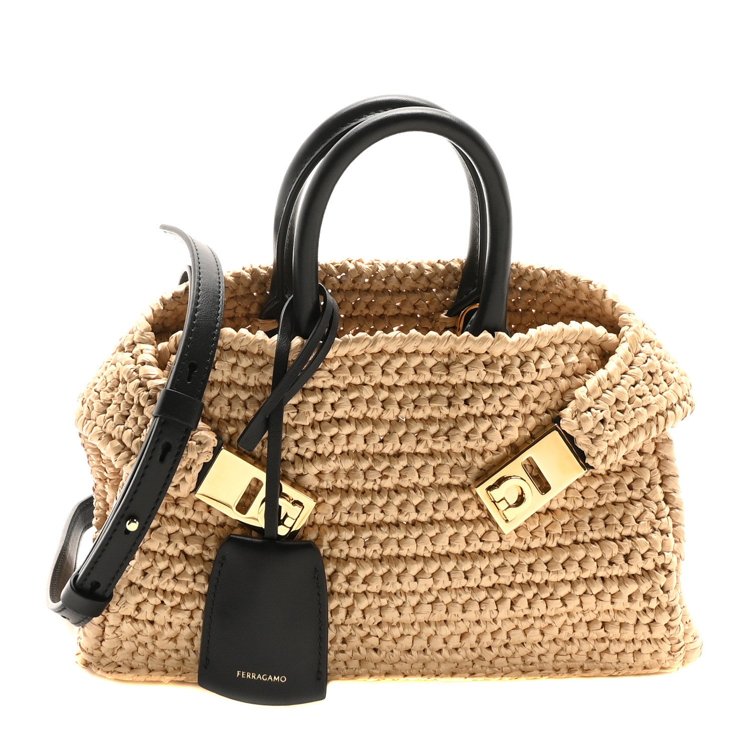 Salvatore Ferragamo Raffia Effect Calfskin XS Hug Bag Natural Black 1 of 9