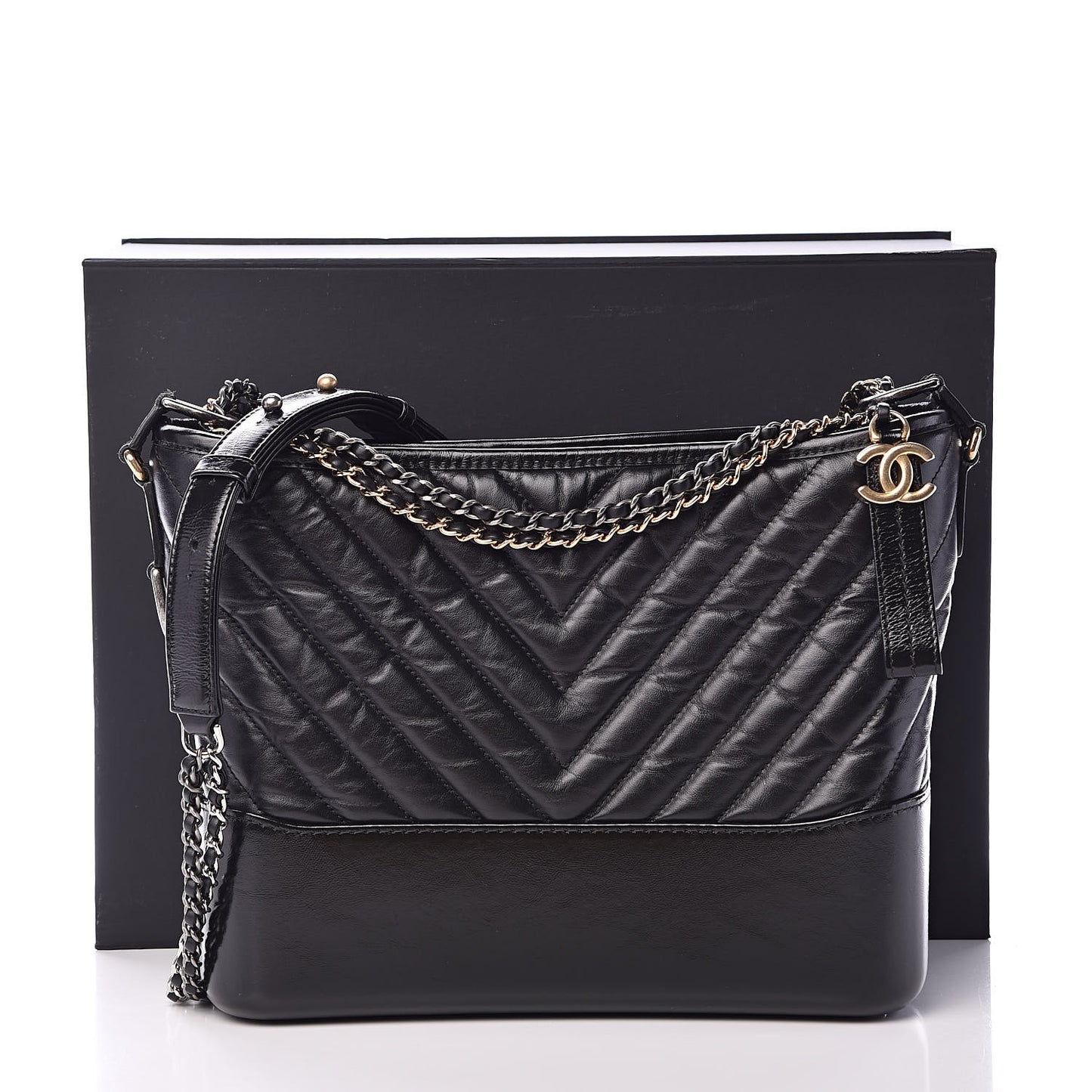 Aged Calfskin Chevron Quilted Medium Gabrielle Hobo Black