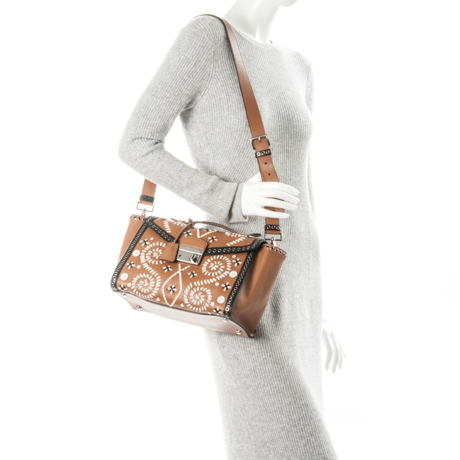 Prada Saffiano Embroidered Pattina Sound Twin Pocket Satchel Caramel 2 of 8
