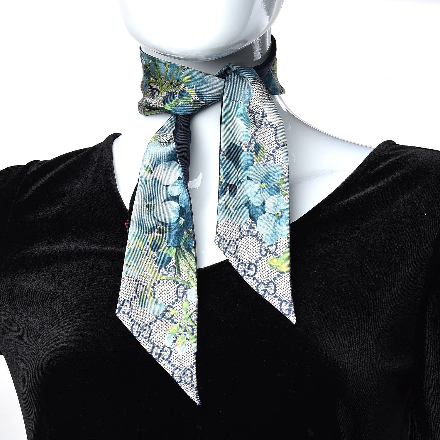 Gucci Silk Twill GG Monogram Bloomy GG Neck Bow Scarf Midnight Blue Sky Blue 2 of 4