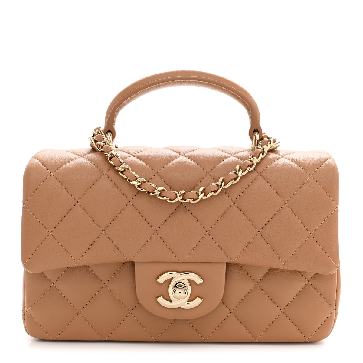 Chanel Lambskin Quilted Mini Top Handle Rectangular Flap Dark Beige 1 of 10