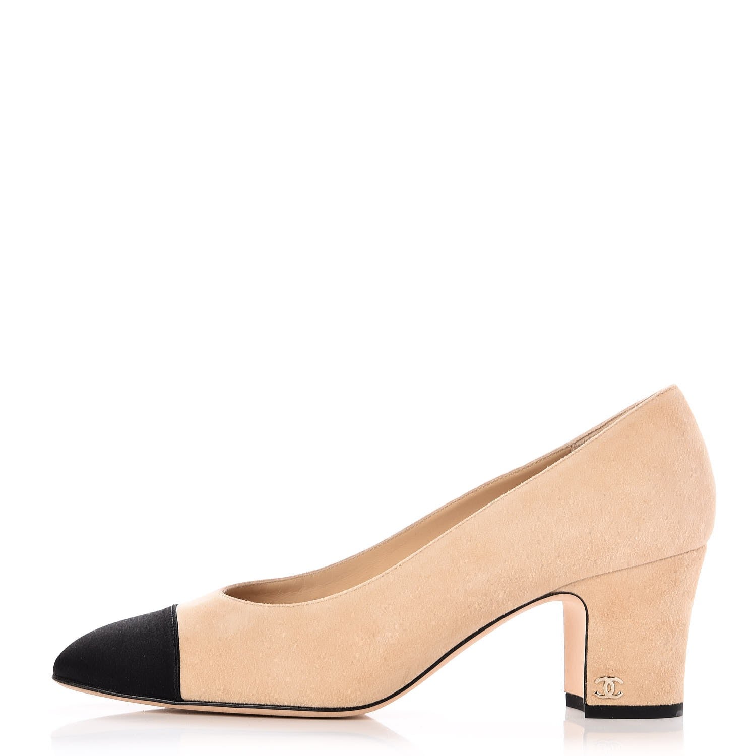 Chanel Suede Satin Cap Toe Low Heel Pumps 39 Beige Black 1 of 10