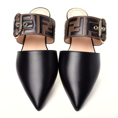 Fendi Vitello FF Embossed Buckle Flat Mules 37.5 Maya Black 6 of 10